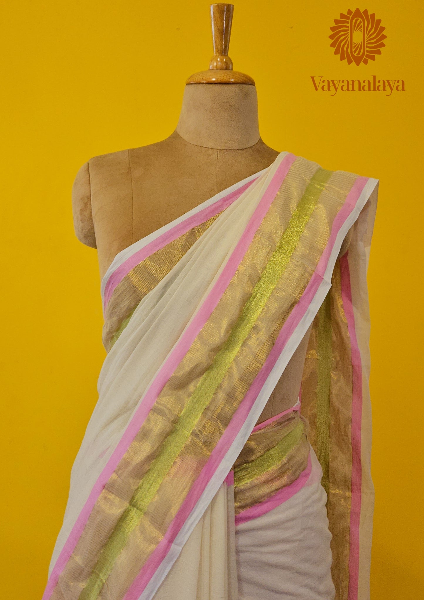Chandrika – Off-White Mull Cotton Saree with Gold & Pink Border