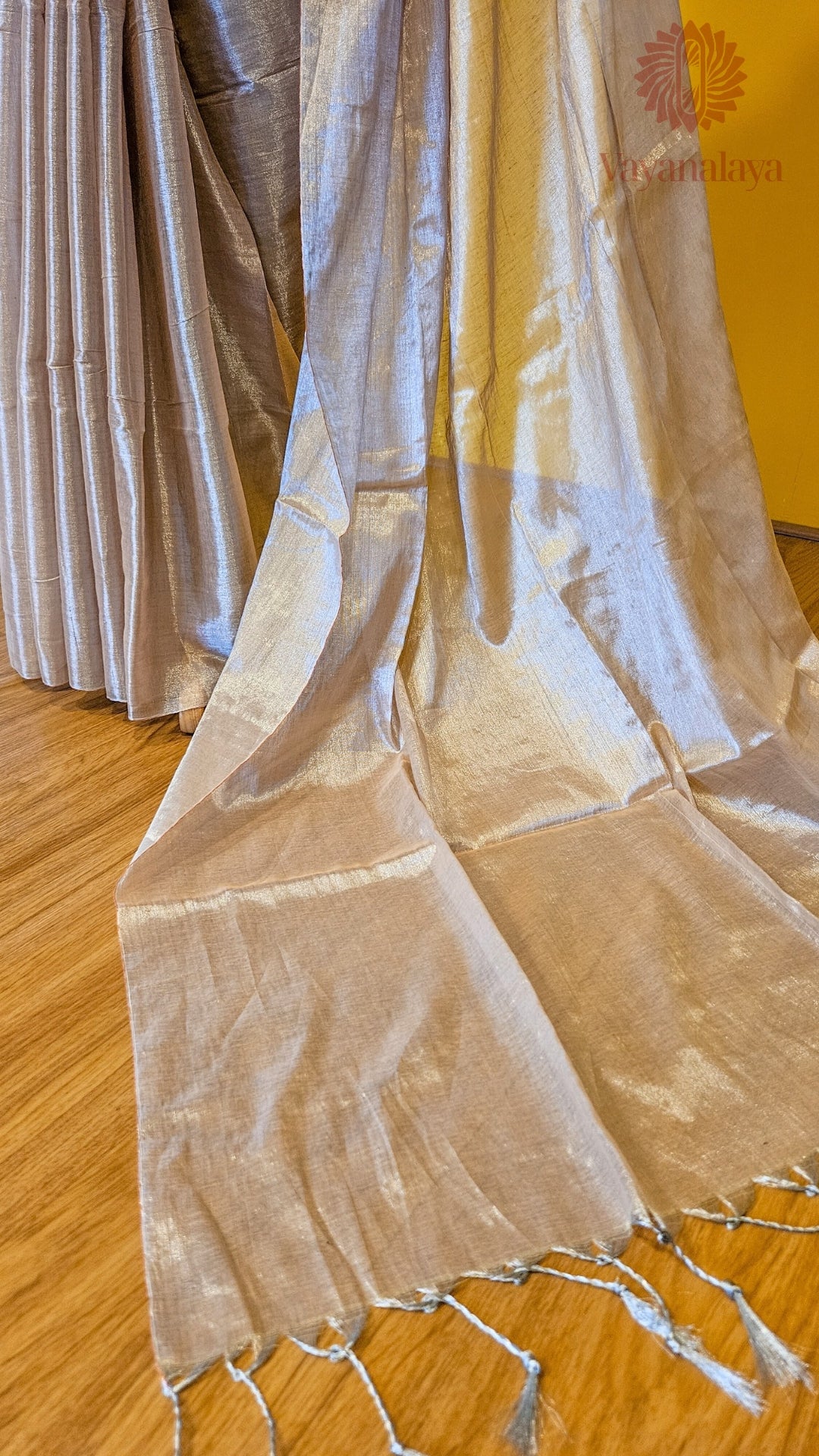 Handwoven Tissue Cotton Saree in Beige with Silver Sheen