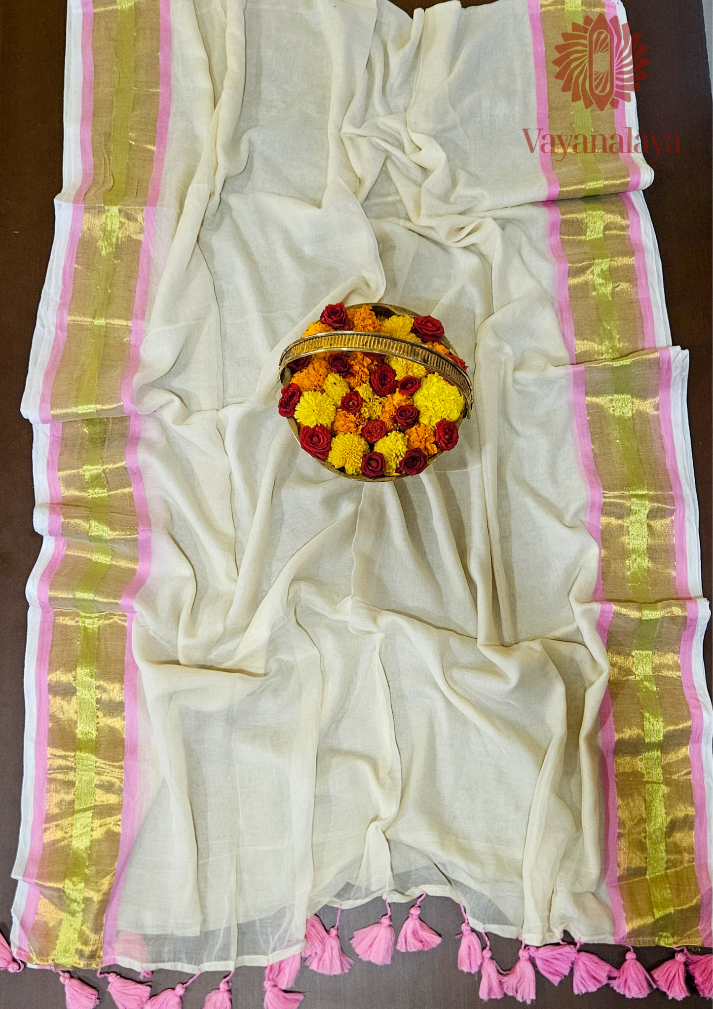 Chandrika – Off-White Mull Cotton Saree with Gold & Pink Border