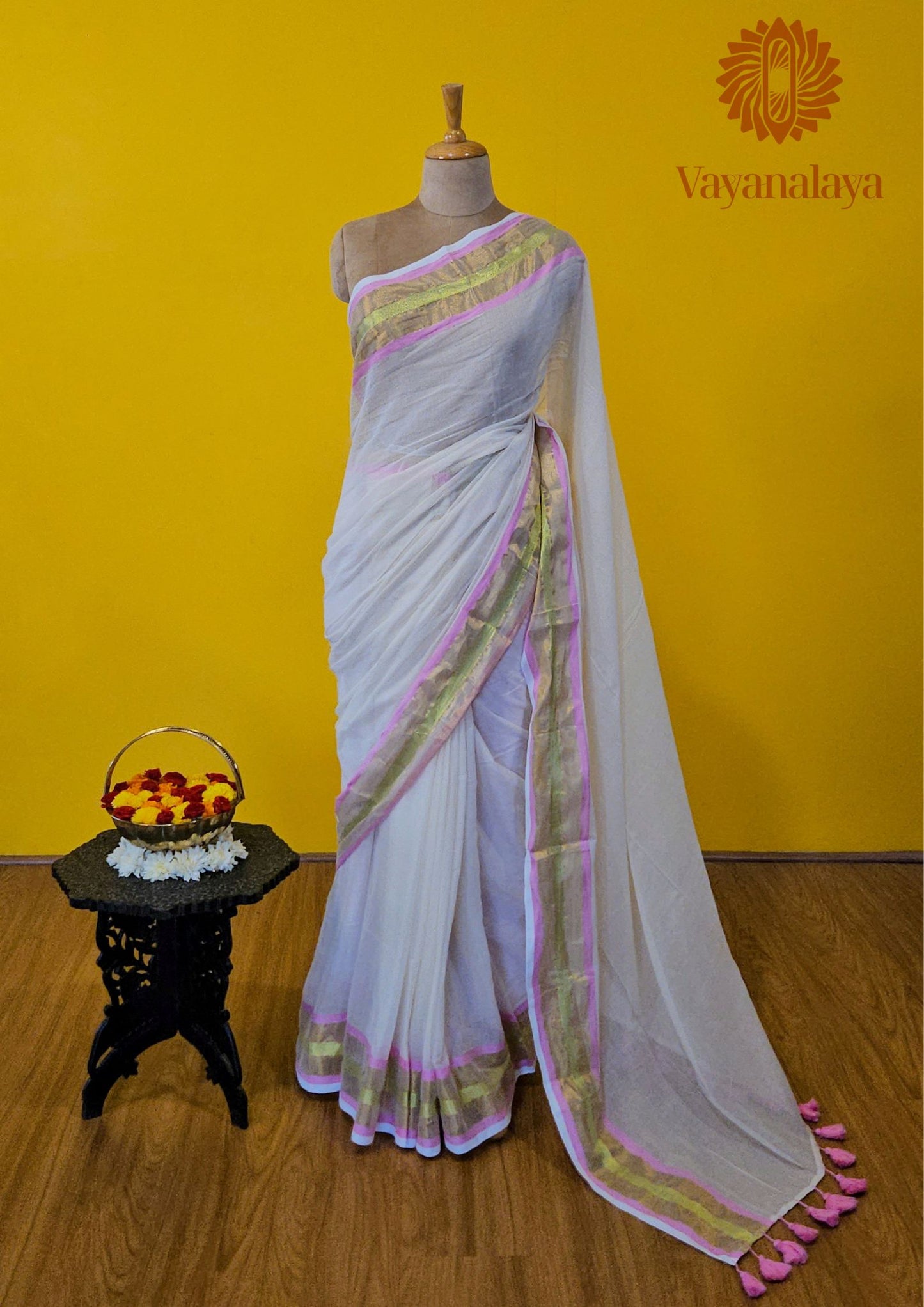Chandrika – Off-White Mull Cotton Saree with Gold & Pink Border