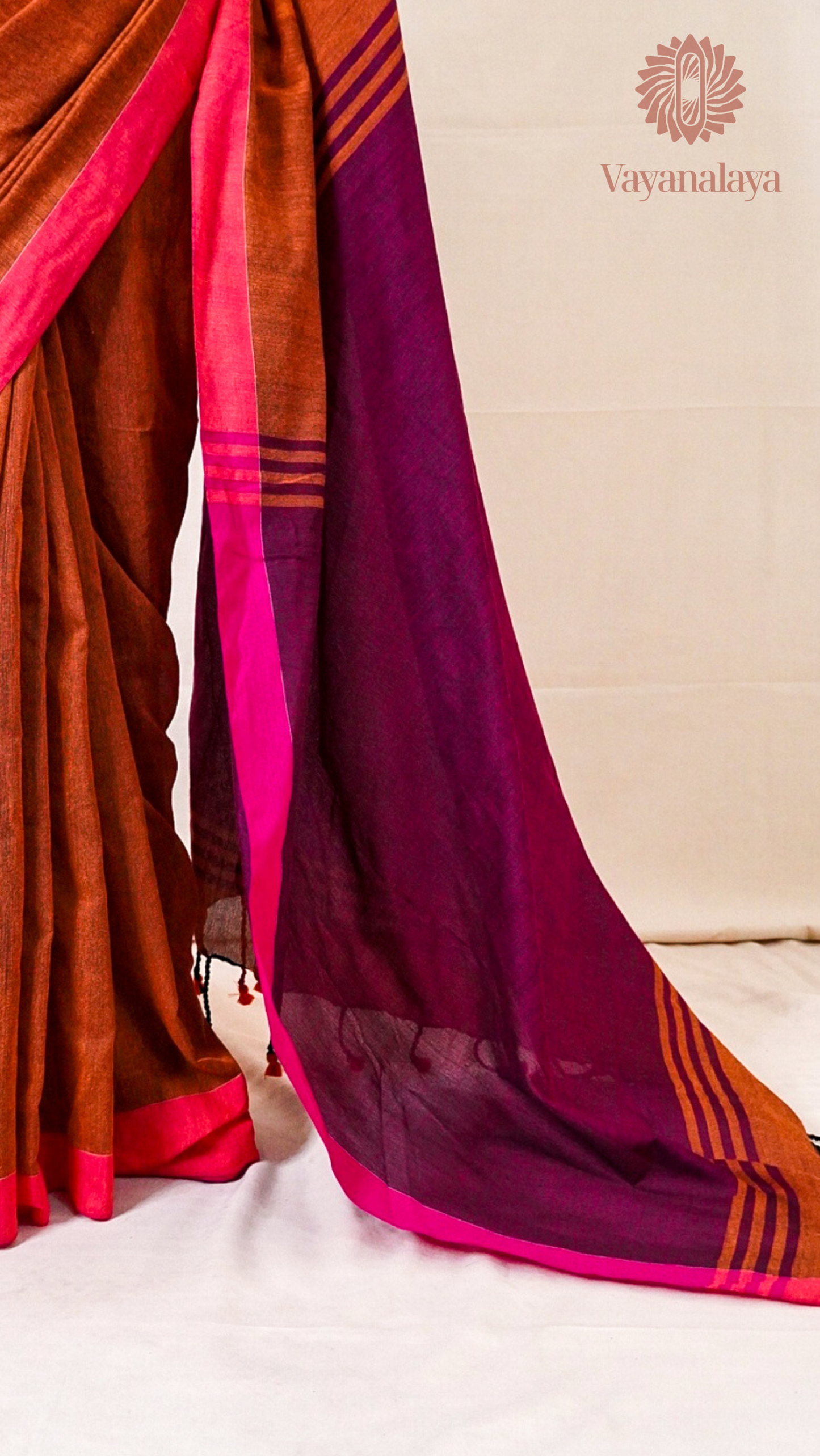 Rust Orange Cotton Saree with Magenta Contrast Border