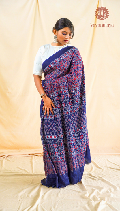 Ajrakh Handblock Print Modal Silk Saree in Black