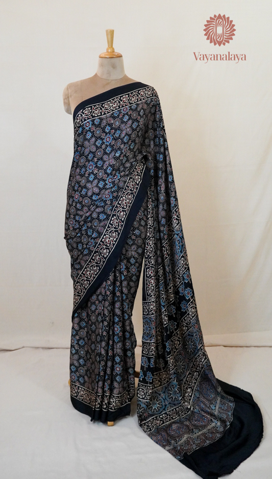 Ajrakh Handblock Print Modal Silk Saree in Black