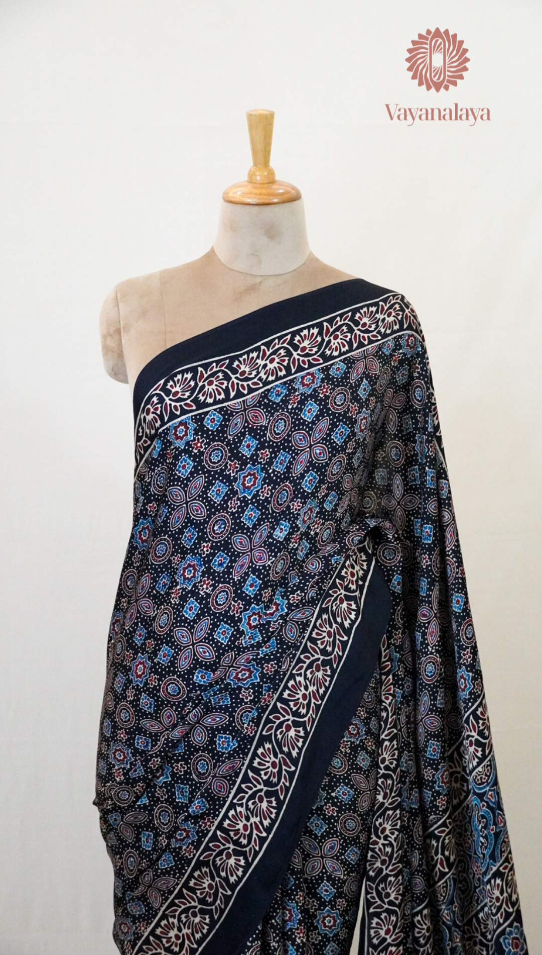 Ajrakh Handblock Print Modal Silk Saree in Black