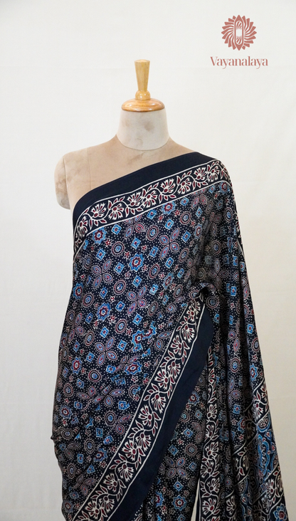 Ajrakh Handblock Print Modal Silk Saree in Black