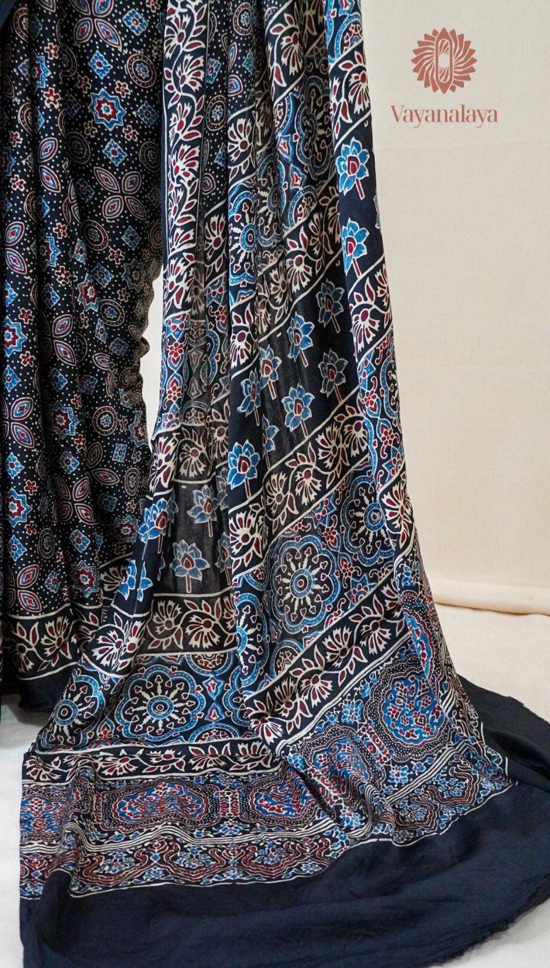 Ajrakh Handblock Print Modal Silk Saree in Black