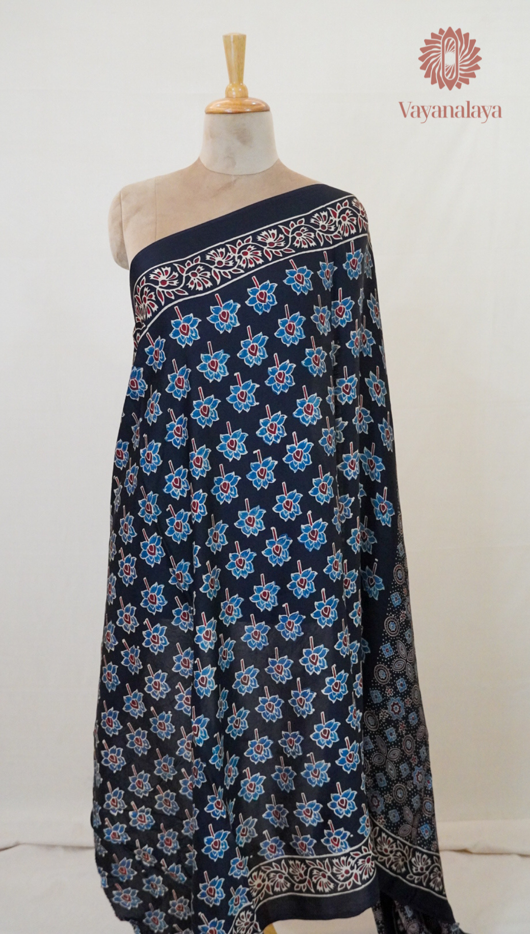 Ajrakh Handblock Print Modal Silk Saree in Black