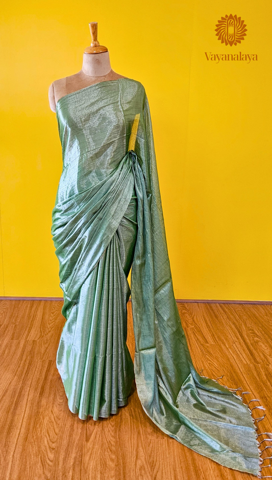 Pastel Green Handwoven Tissue Cotton Saree with Silver Threads