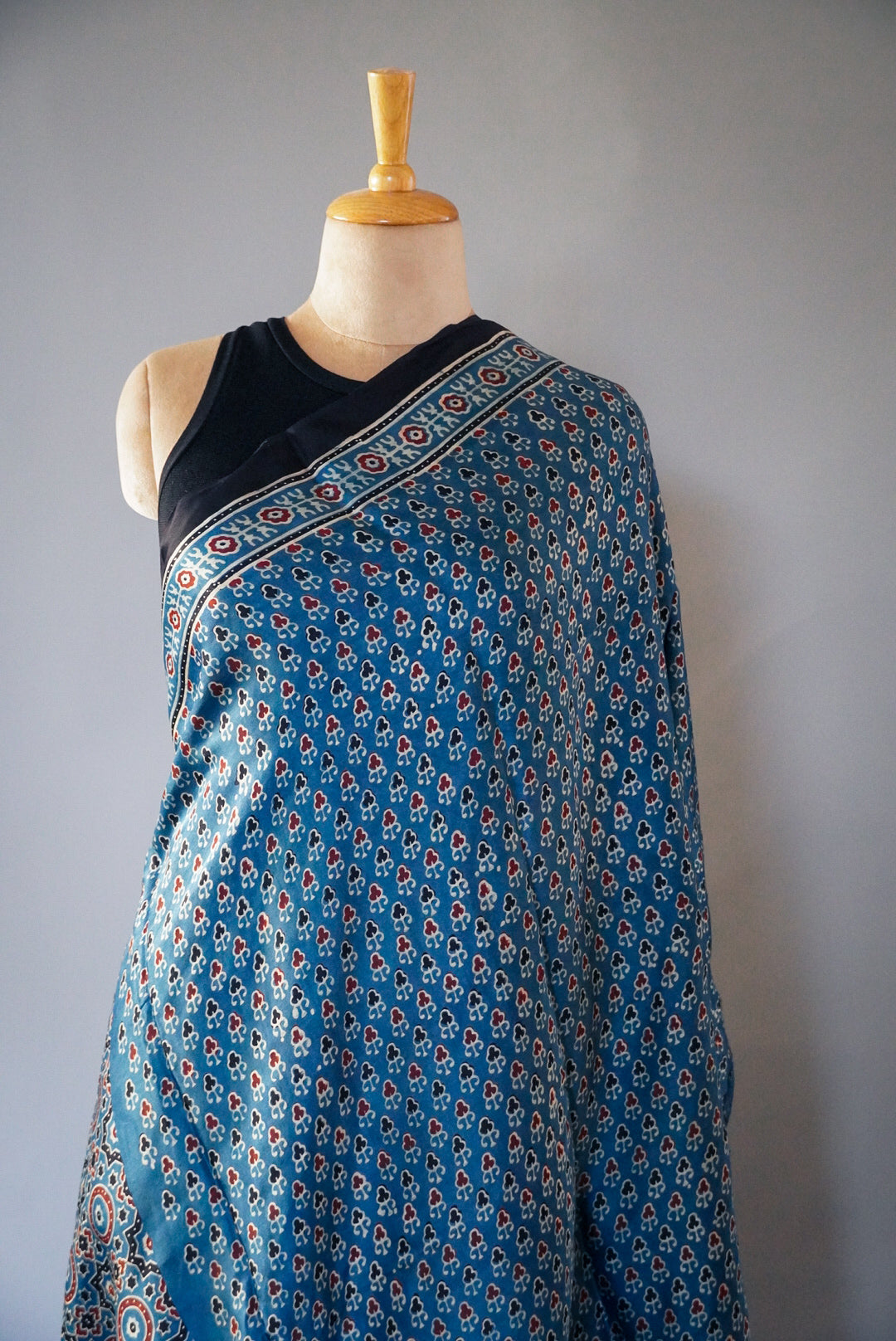 Ajrakh Hand Block Print Saree in Indigo