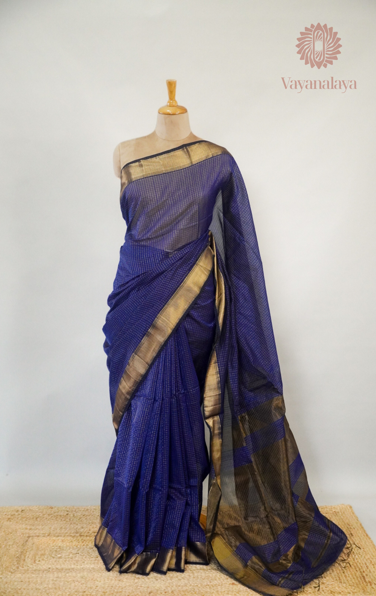 Royal Blue Maheshwari Silk Cotton Saree with Zari Checks