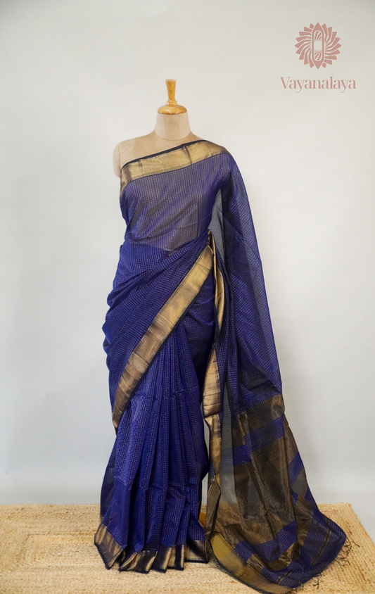 Royal Blue Maheshwari Silk Cotton Saree with Zari Checks