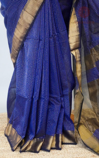 Royal Blue Maheshwari Silk Cotton Saree with Zari Checks