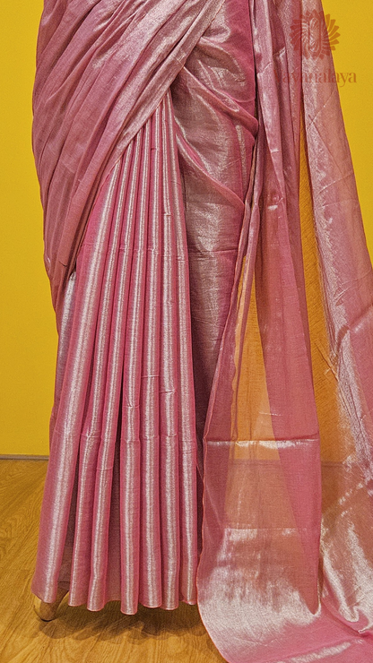 Handwoven Tissue Cotton Saree in Pastel Pink with Silver Threads