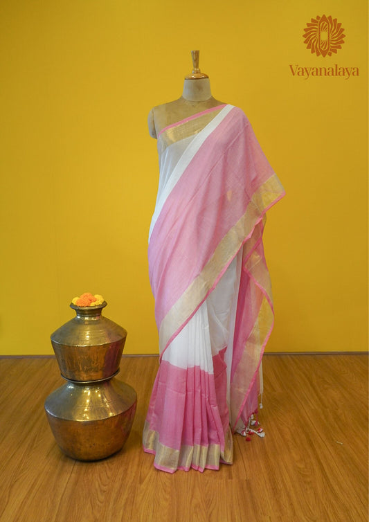 Off white and pink dual shade mul cotton saree