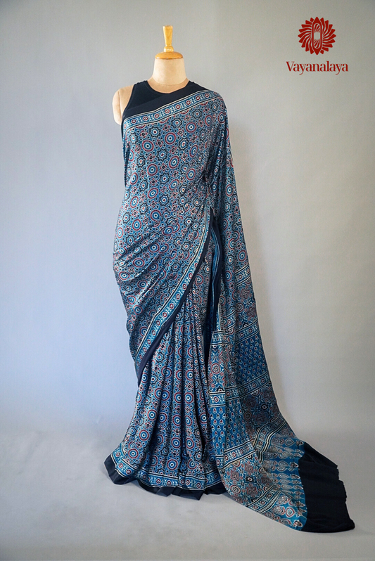 Ajrakh Hand Block Print Saree in Indigo