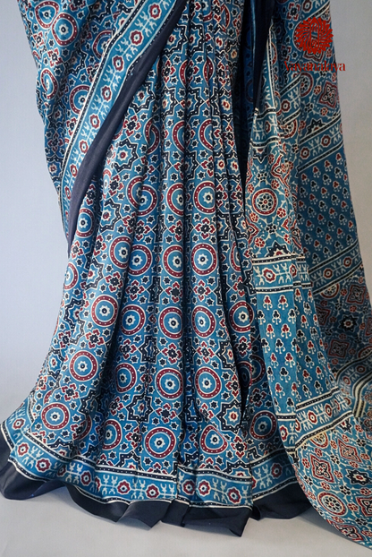 Ajrakh Hand Block Print Saree in Indigo