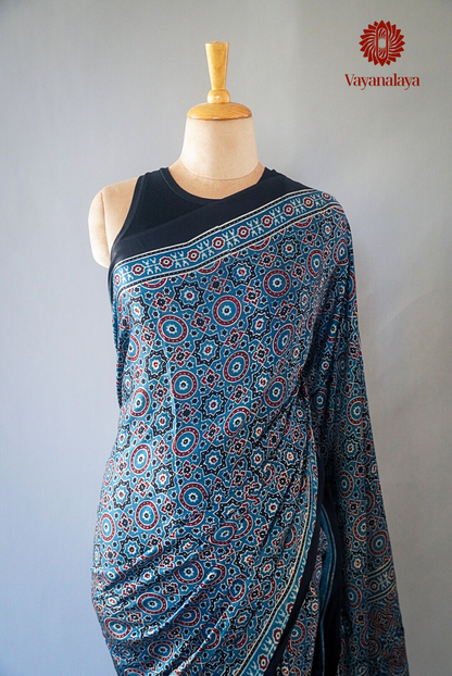 Ajrakh Hand Block Print Saree in Indigo