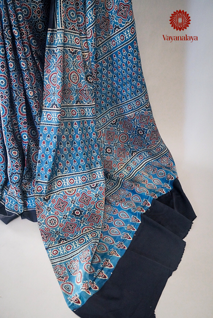 Ajrakh Hand Block Print Saree in Indigo