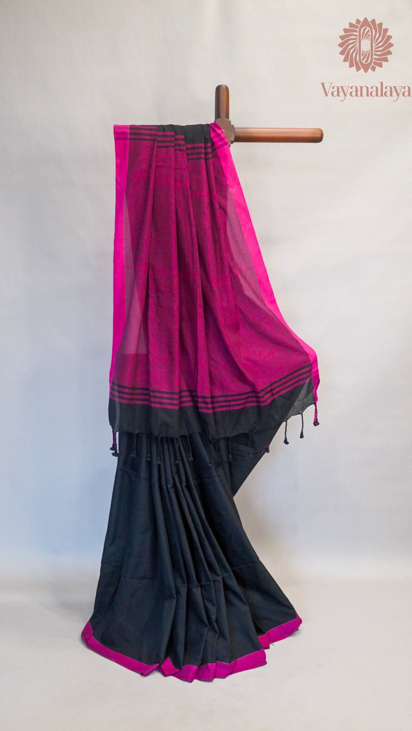 Handloom black cotton saree with magenta contrast border