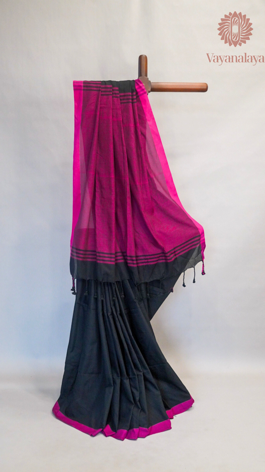 Handloom black cotton saree with magenta contrast border