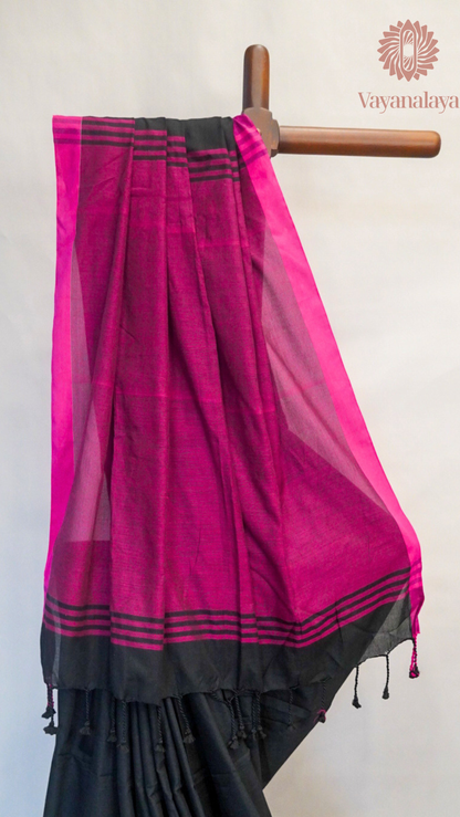 Handloom black cotton saree with magenta contrast border