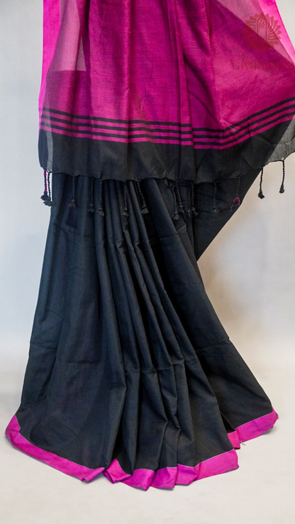 Handloom black cotton saree with magenta contrast border