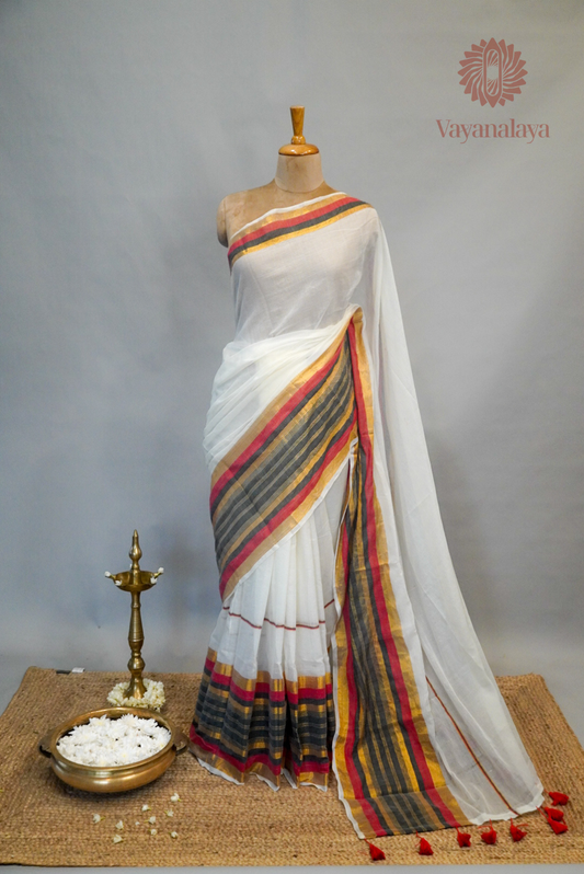 Charcoal & Coral Striped Kasavu Mul Cotton Saree