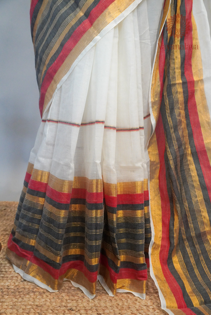 Charcoal & Coral Striped Kasavu Mul Cotton Saree