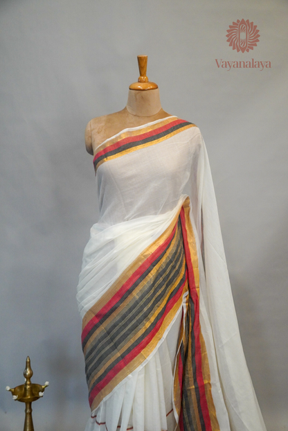 Charcoal & Coral Striped Kasavu Mul Cotton Saree