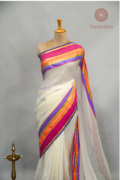 Pink & Purple Striped Kasavu Mul Cotton Saree