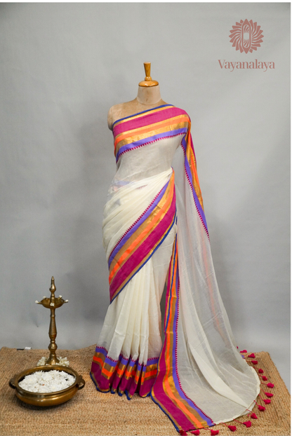 Pink & Purple Striped Kasavu Mul Cotton Saree