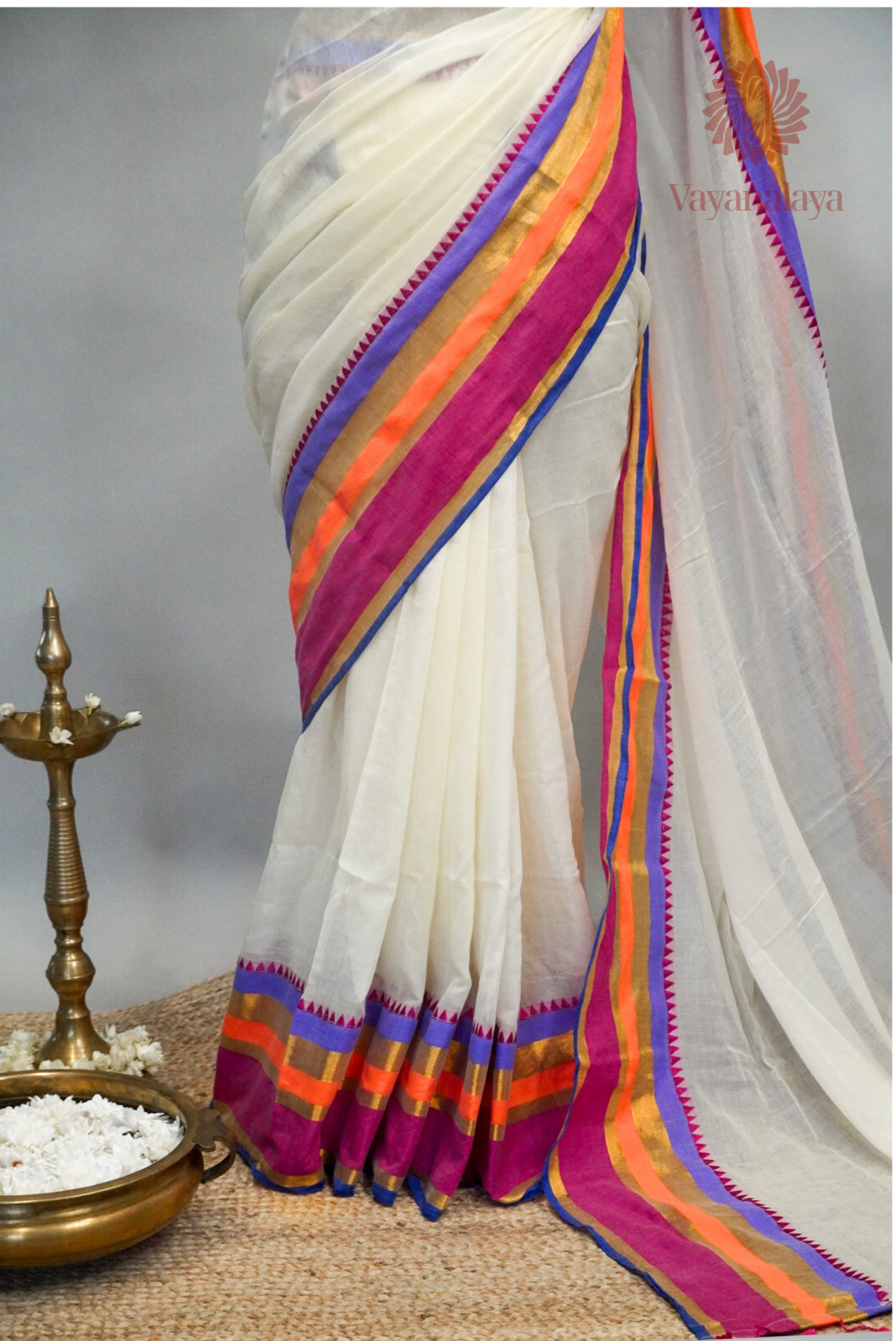 Pink & Purple Striped Kasavu Mul Cotton Saree
