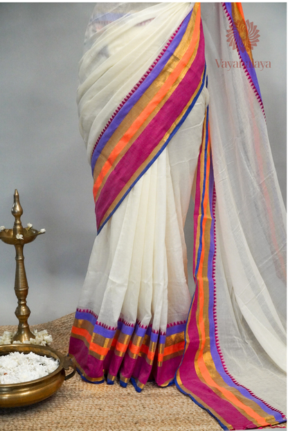 Pink & Purple Striped Kasavu Mul Cotton Saree