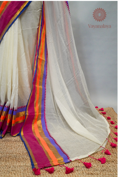 Pink & Purple Striped Kasavu Mul Cotton Saree