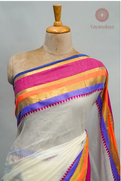 Pink & Purple Striped Kasavu Mul Cotton Saree