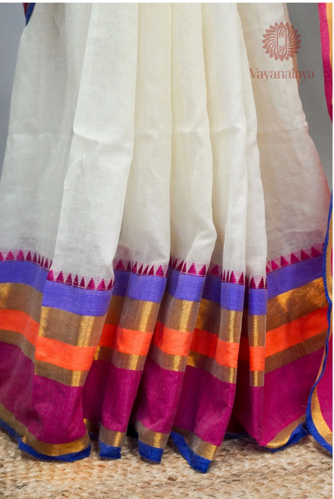 Pink & Purple Striped Kasavu Mul Cotton Saree