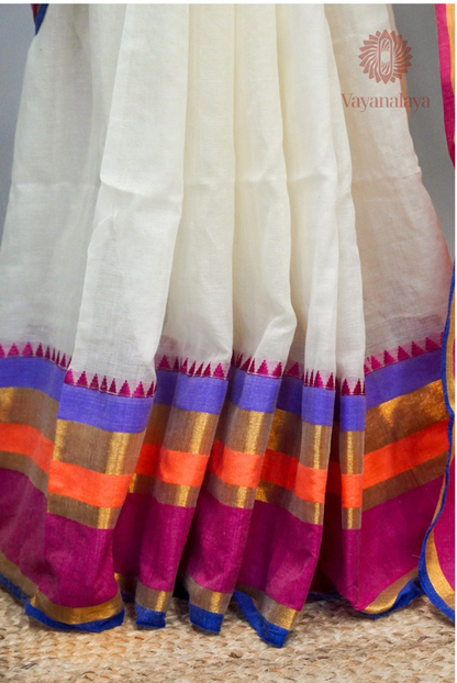Pink & Purple Striped Kasavu Mul Cotton Saree