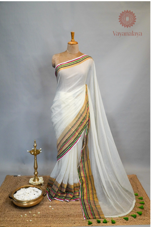 Multicolour Striped Kasavu Mul Cotton Saree