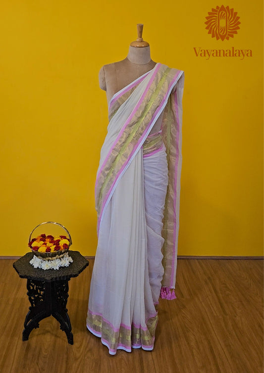 Chandrika – Off-White Mull Cotton Saree with Gold & Pink Border