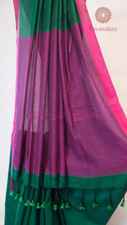 Handloom Green Cotton Saree with Pink Contrast Border