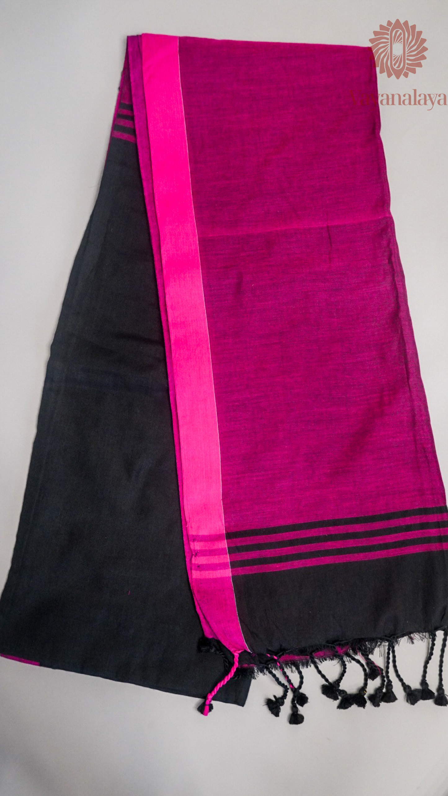 Handloom black cotton saree with magenta contrast border