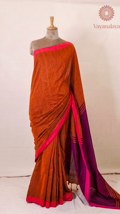 Rust Orange Cotton Saree with Magenta Contrast Border