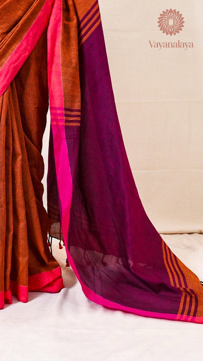Rust Orange Cotton Saree with Magenta Contrast Border
