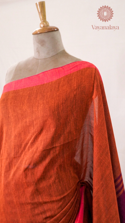 Rust Orange Cotton Saree with Magenta Contrast Border