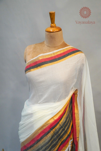 Charcoal & Coral Striped Kasavu Mul Cotton Saree