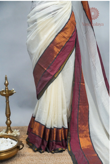 Maroon & Copper Gold Kasavu Mul Cotton Saree