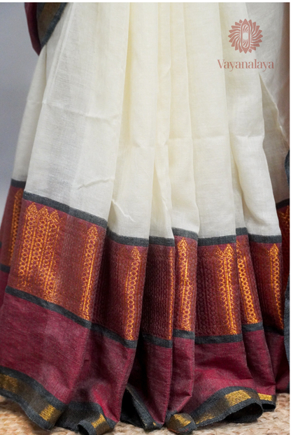Maroon & Copper Gold Kasavu Mul Cotton Saree