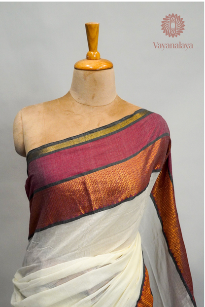 Maroon & Copper Gold Kasavu Mul Cotton Saree