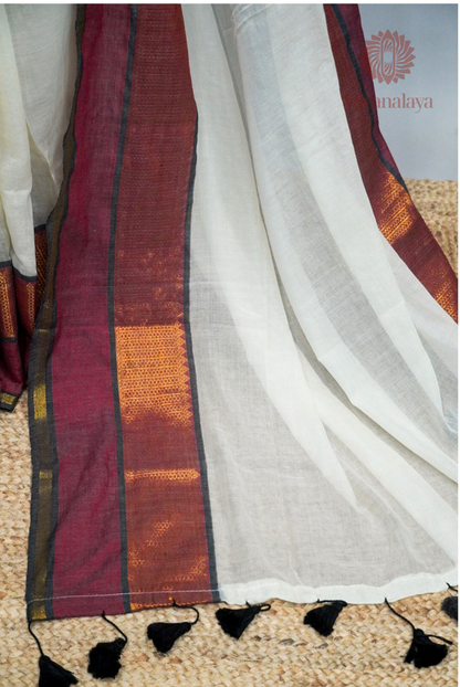 Maroon & Copper Gold Kasavu Mul Cotton Saree