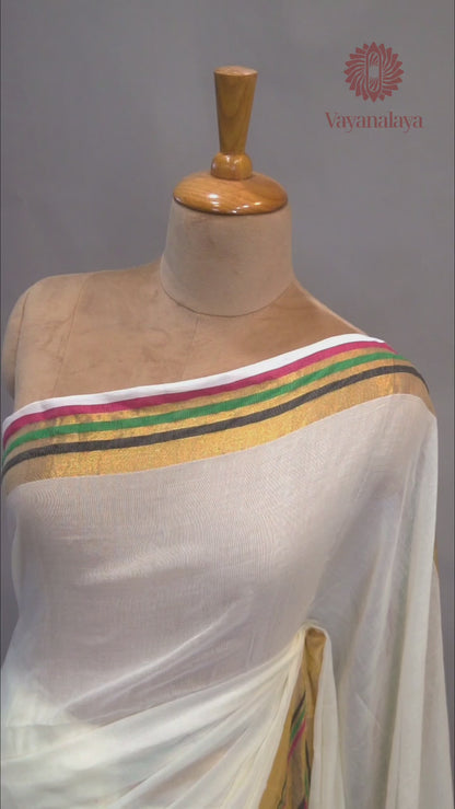 Multicolour Striped Kasavu Mul Cotton Saree